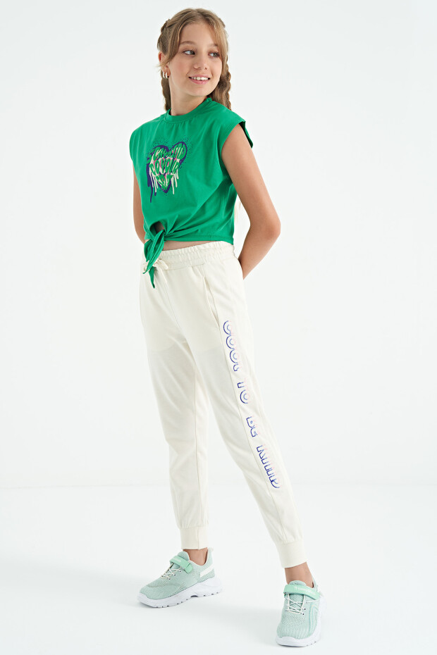 Yeşil Kalp Baskılı Ön Düğüm Detaylı Rahat Form Kız Çocuk T-Shirt - 75114