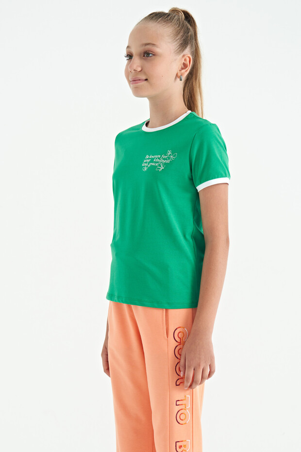 Yeşil Minimal Yazı Baskılı O Yaka Rahat Form Kısa Kollu Kız Çocuk T-Shirt - 75110