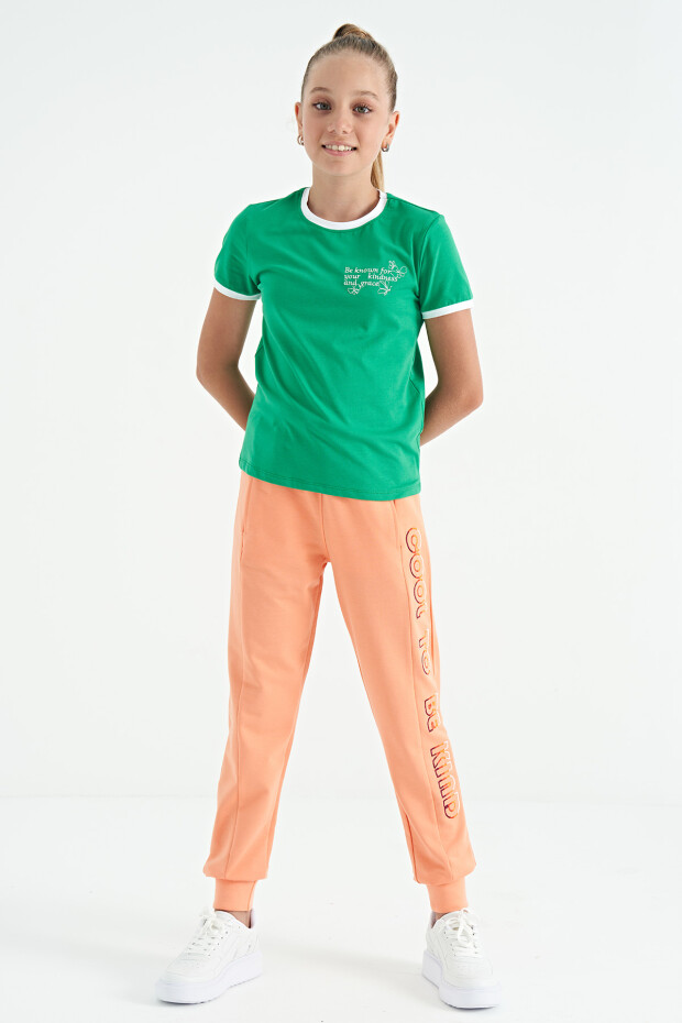 Yeşil Minimal Yazı Baskılı O Yaka Rahat Form Kısa Kollu Kız Çocuk T-Shirt - 75110