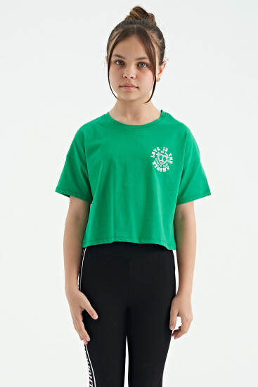 Yeşil Ön Arka Baskılı O Yaka Düşük Omuz Oversize Kısa Kollu Kız Çocuk T-Shirt - 75126 