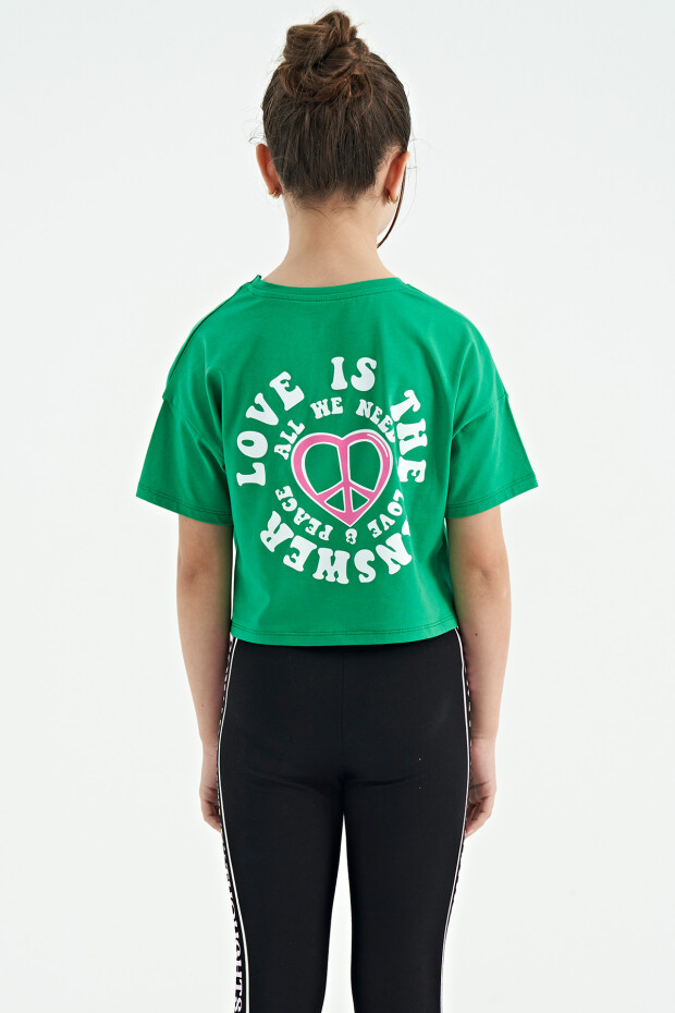 Yeşil Ön Arka Baskılı O Yaka Düşük Omuz Oversize Kısa Kollu Kız Çocuk T-Shirt - 75126