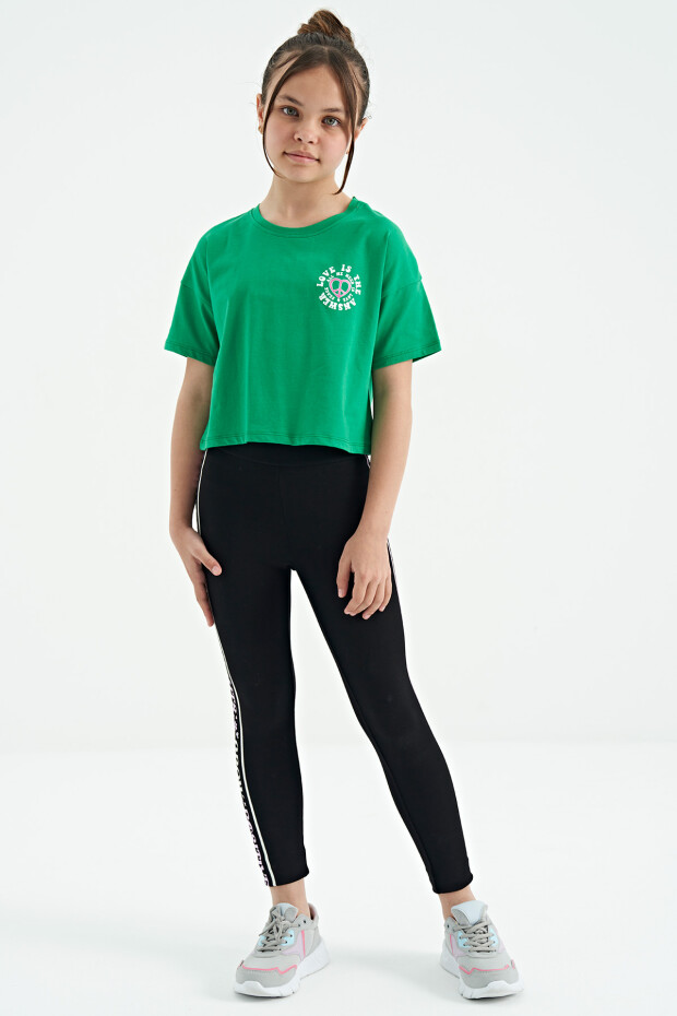 Yeşil Ön Arka Baskılı O Yaka Düşük Omuz Oversize Kısa Kollu Kız Çocuk T-Shirt - 75126