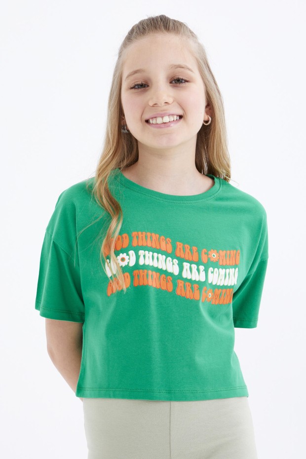 Yeşil Oversize Renkli Yazı Baskılı Düşük Omuz O Yaka Kız Çocuk Crop T-Shirt - 75038