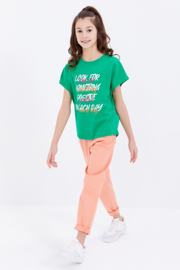 Yeşil Oversize Renkli Yazı Baskılı O Yaka Kız Çocuk T-Shirt - 75029