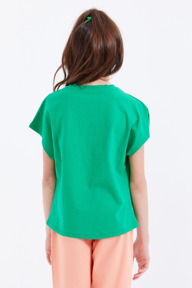 Yeşil Oversize Renkli Yazı Baskılı O Yaka Kız Çocuk T-Shirt - 75029