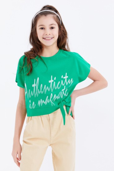 Yeşil Oversize Yazı Baskılı Beli Bağlama Detaylı O Yaka Kız Çocuk T-Shirt - 75045 