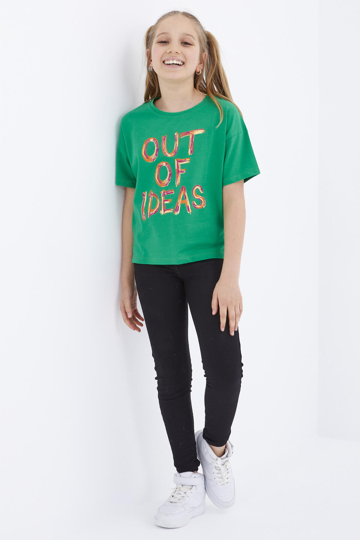 Yeşil Oversize Yazı Baskılı O Yaka Düşük Omuz Kız Çocuk T-Shirt - 75028