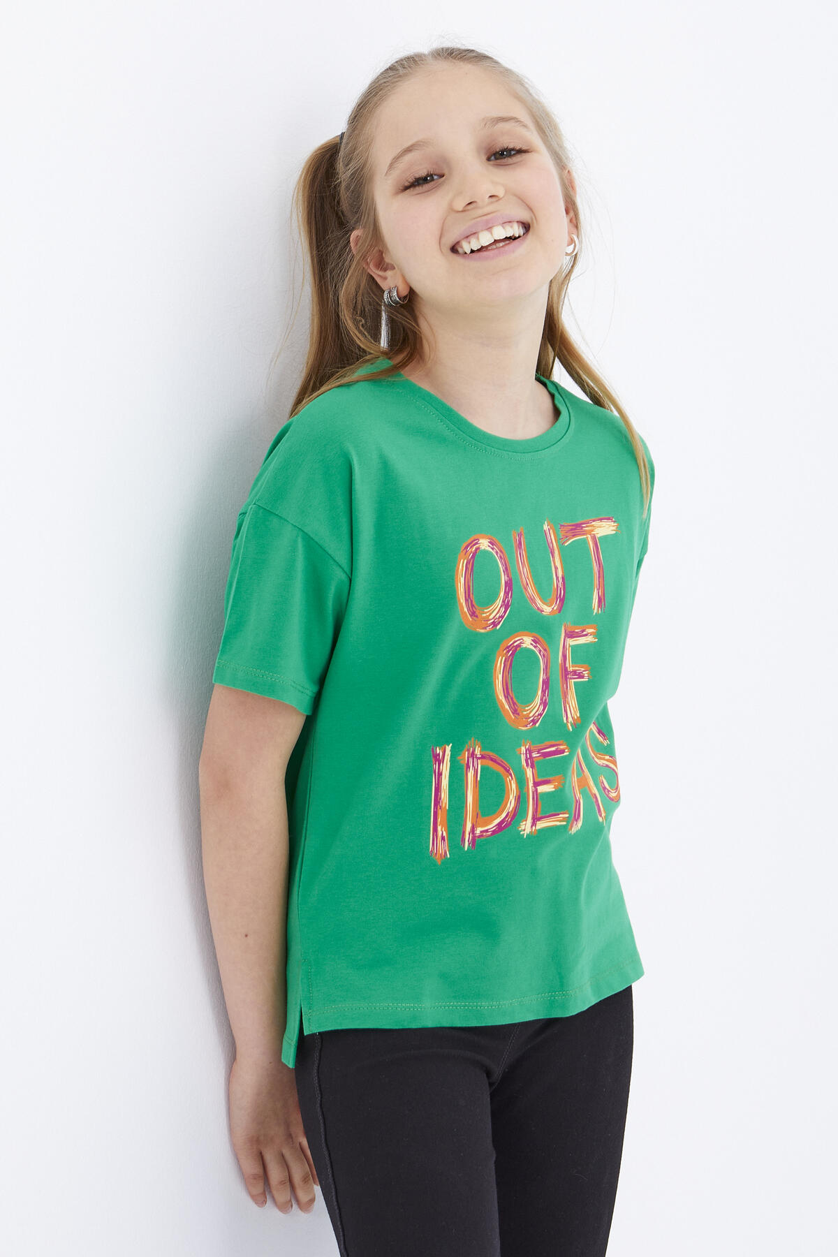 Yeşil Oversize Yazı Baskılı O Yaka Düşük Omuz Kız Çocuk T-Shirt - 75028