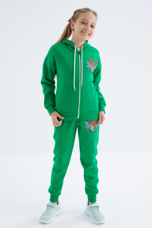 Yeşil Sırt Desen Detaylı Kapüşonlu Oversize Kız Çocuk Eşofman Takım - 75100