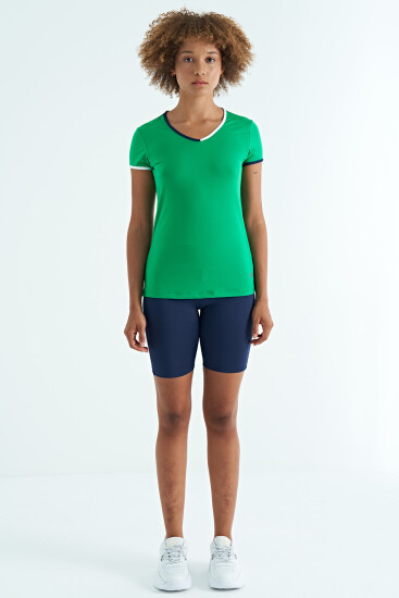 Yeşil V Yaka Standart Kalıp Kısa Kol Kadın Spor T-Shirt - 97268 - Thumbnail