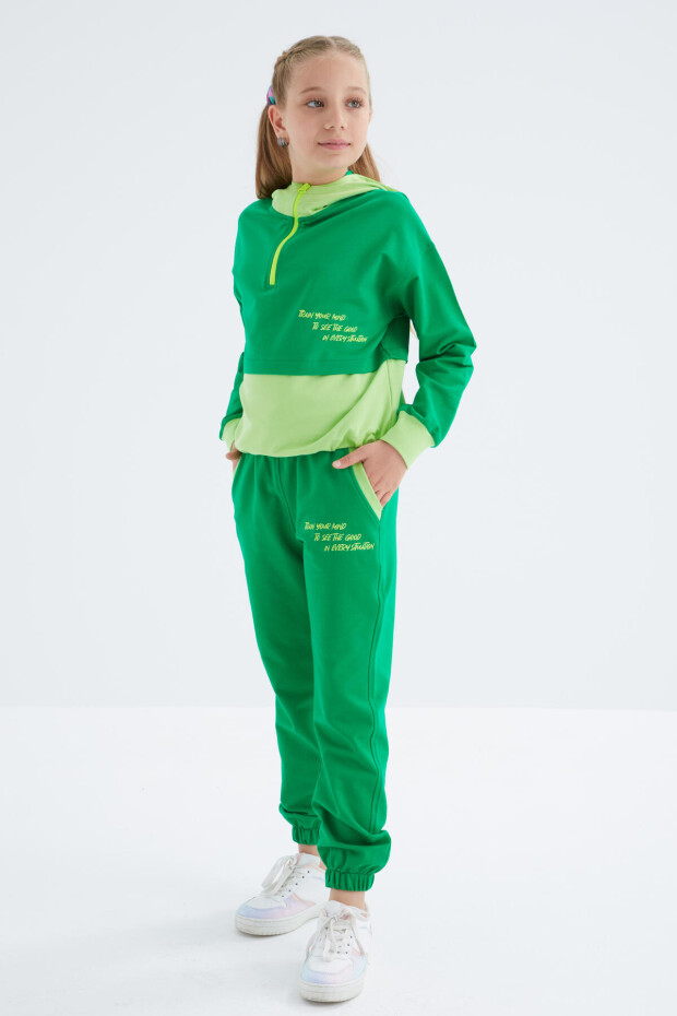 Yeşil Yarım Fermuarlı Kapüşonlu Büzgülü Kız Çocuk Overize Crop Takım - 75090
