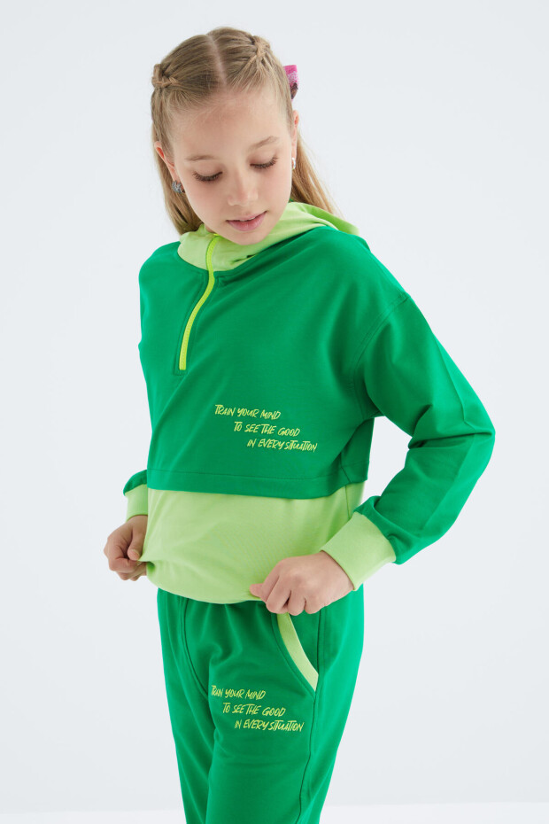 Yeşil Yarım Fermuarlı Kapüşonlu Büzgülü Kız Çocuk Overize Crop Takım - 75090