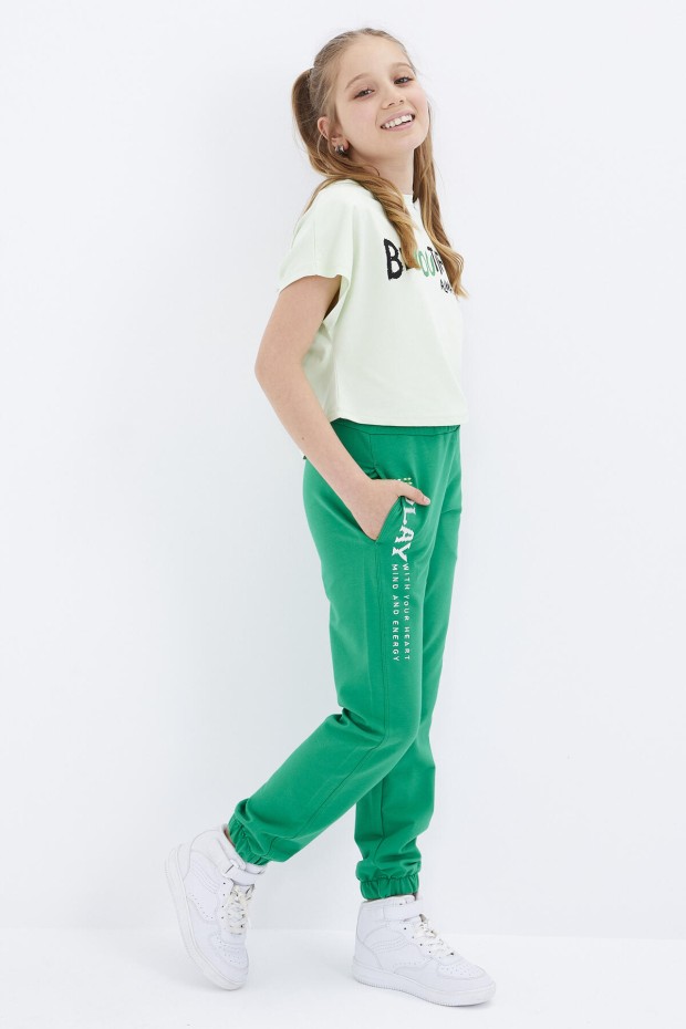 Yeşil Yazı Nakışlı Bağcıklı Standart Kalıp Lastik Paça Kız Çocuk Eşofman Alt - 75051