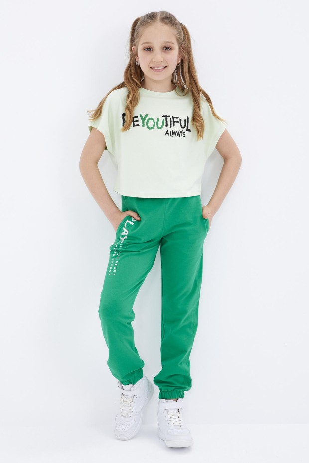 Yeşil Yazı Nakışlı Bağcıklı Standart Kalıp Lastik Paça Kız Çocuk Eşofman Alt - 75051