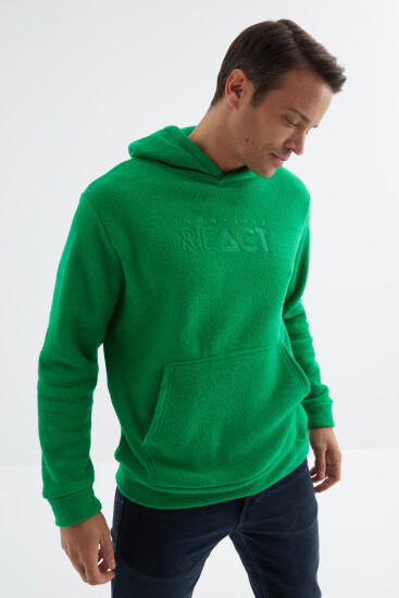 Yeşil Yazı Nakışlı Kanguru Cepli Kapüşonlu Rahat Form Erkek Havlu Polar Sweatshirt - 88164 