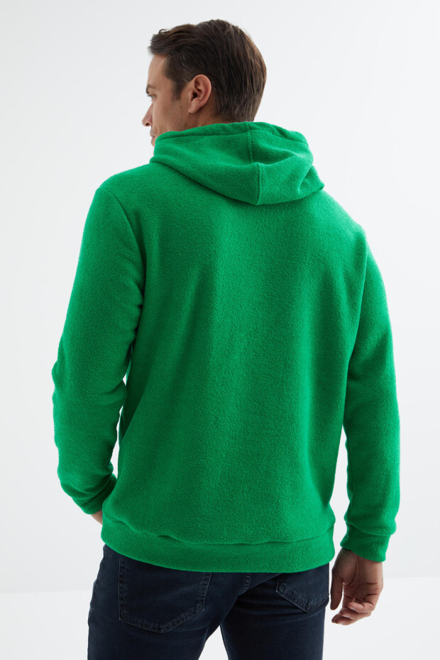 Yeşil Yazı Nakışlı Kanguru Cepli Kapüşonlu Rahat Form Erkek Havlu Polar Sweatshirt - 88164