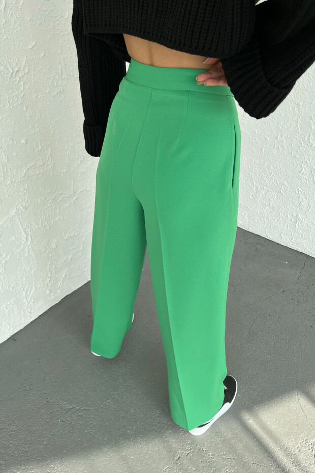 Yeşil Yüksek Bel Bol Paça Kadın Kumaş Pantolon - 02048