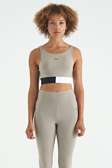 Zeytin Yeşil Renk Bloklu Logo Baskılı Dar Kalıp Fitilli Kadın Büstiyer - 97275 - TOMMYLIFE