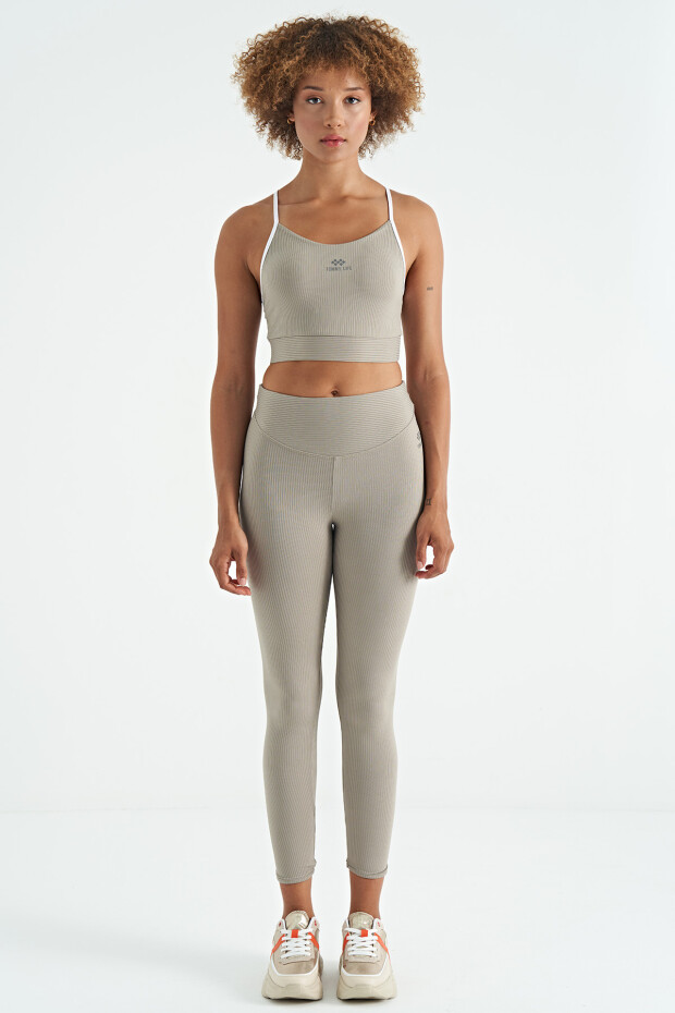 Zeytin Yeşil Sırt Çapraz Detaylı Logo Baskılı Dar Kalıp Fitilli Kadın Büstiyer - 97274 - 2