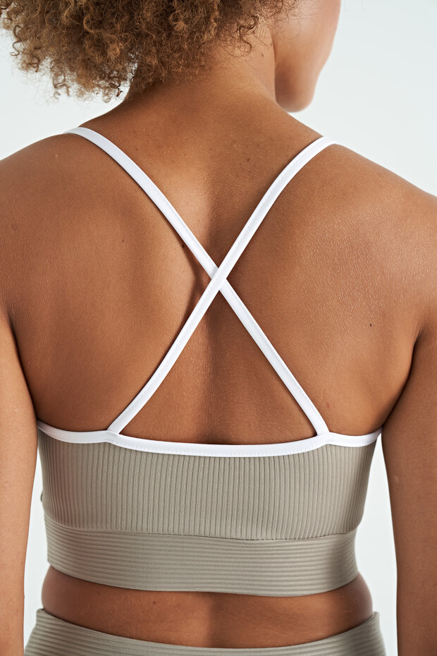 Zeytin Yeşil Sırt Çapraz Detaylı Logo Baskılı Dar Kalıp Fitilli Kadın Büstiyer - 97274 - 10