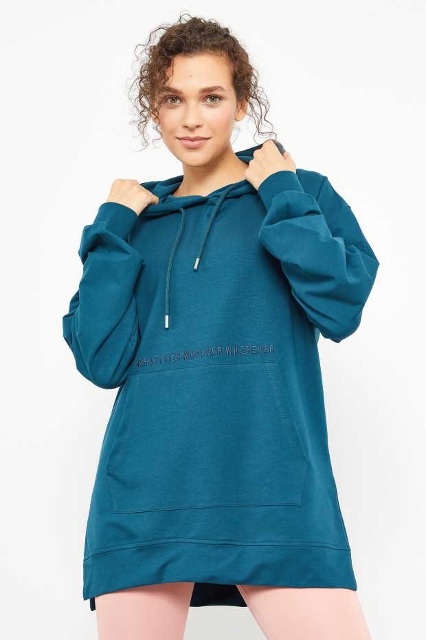 Zümrüt Balon Kol Yazı Nakışlı Kadın Oversize Tunik Sweatshirt - 97163