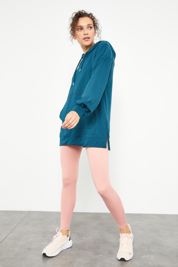 Zümrüt Balon Kol Yazı Nakışlı Kadın Oversize Tunik Sweatshirt - 97163