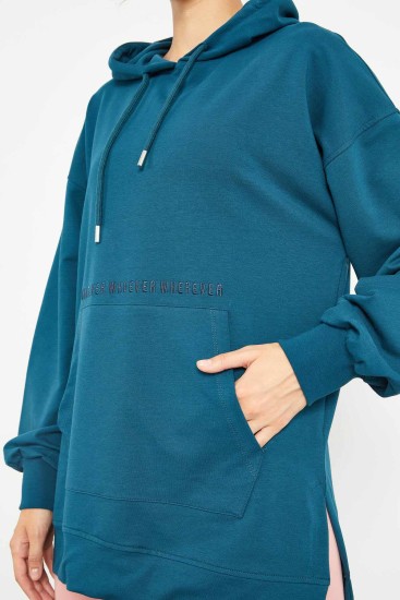 Zümrüt Balon Kol Yazı Nakışlı Kadın Oversize Tunik Sweatshirt - 97163 - Thumbnail