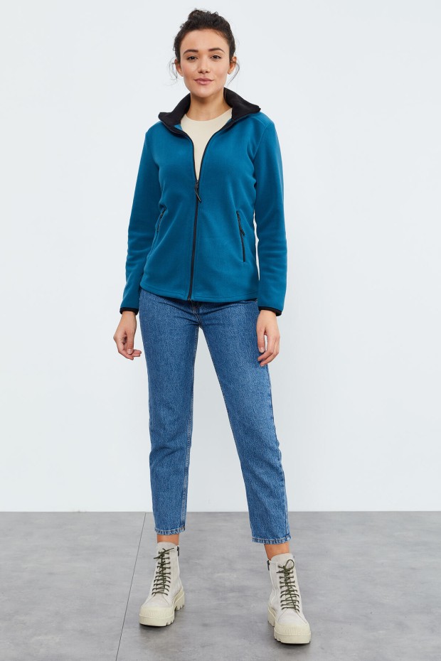 Zümrüt Dik Yaka Fermuarlı Rahat Form Kadın Polar Sweatshirt - 97173