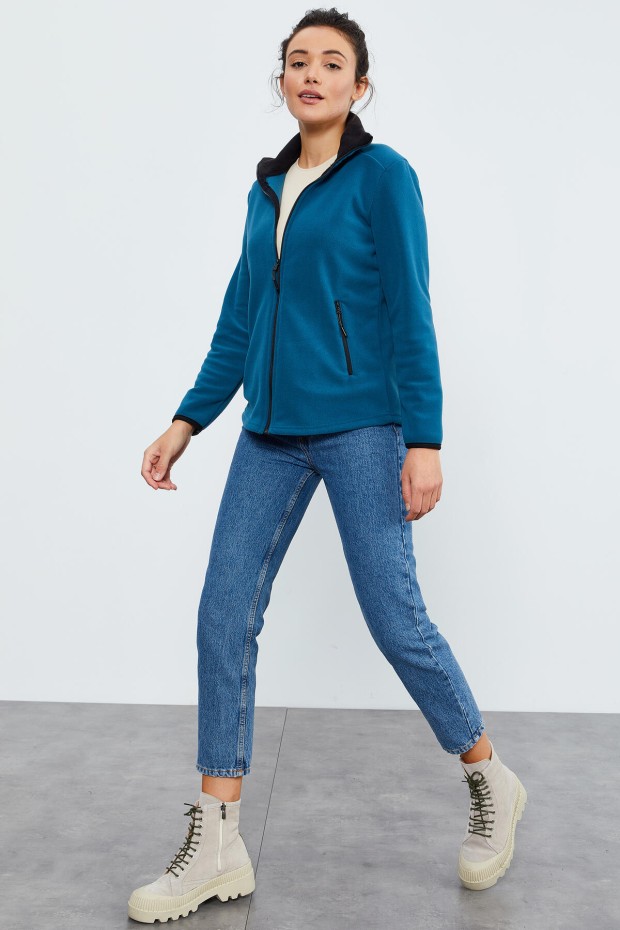 Zümrüt Dik Yaka Fermuarlı Rahat Form Kadın Polar Sweatshirt - 97173 - 2