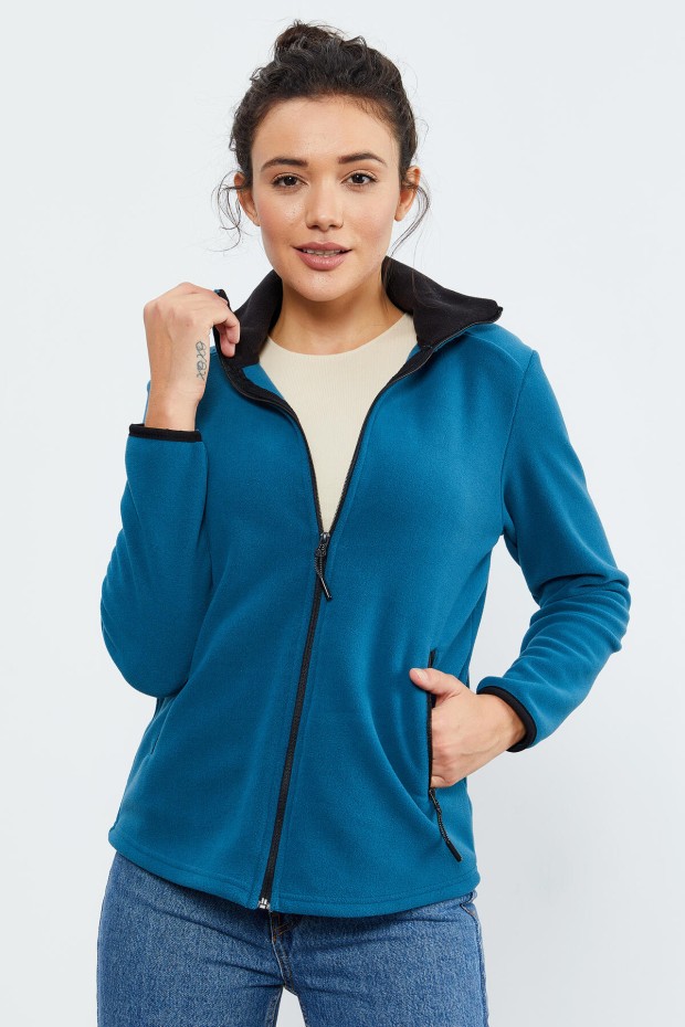 Zümrüt Dik Yaka Fermuarlı Rahat Form Kadın Polar Sweatshirt - 97173 - 5
