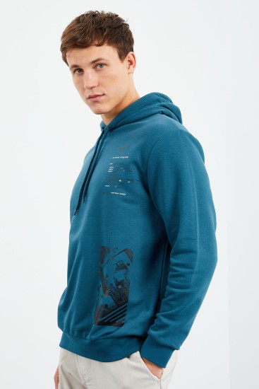 Zümrüt Desen Baskılı Kapüşonlu Rahat Form Erkek Sweatshirt - 88018 