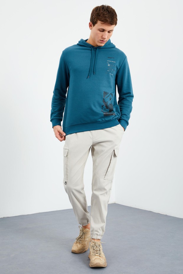 Zümrüt Desen Baskılı Kapüşonlu Rahat Form Erkek Sweatshirt - 88018