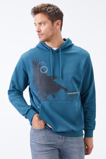 Zümrüt Kuzgun Baskılı Kapüşonlu Kanguru Cepli Rahat Form Erkek Sweatshirt - 88014 