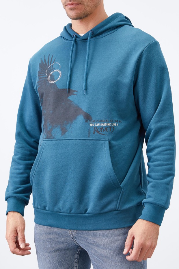 Zümrüt Kuzgun Baskılı Kapüşonlu Kanguru Cepli Rahat Form Erkek Sweatshirt - 88014
