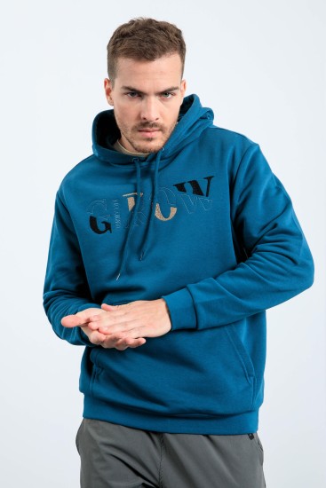 Grow Zümrüt Yazı Nakışlı Kapüşonlu Rahat Form Erkek Sweatshirt - 88040 - Thumbnail