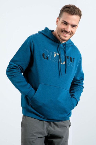 Grow Zümrüt Yazı Nakışlı Kapüşonlu Rahat Form Erkek Sweatshirt - 88040 - Thumbnail