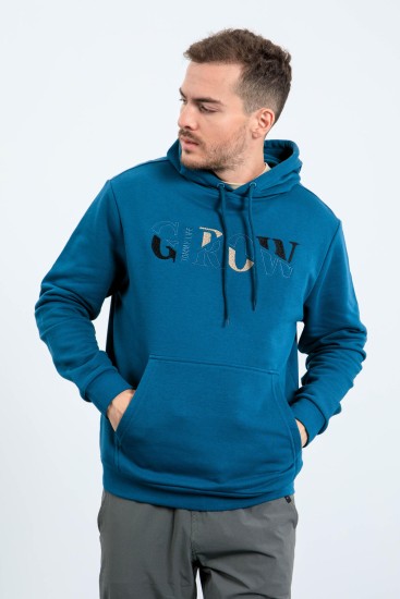 Grow Zümrüt Yazı Nakışlı Kapüşonlu Rahat Form Erkek Sweatshirt - 88040 - Thumbnail