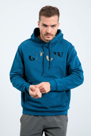 Grow Zümrüt Yazı Nakışlı Kapüşonlu Rahat Form Erkek Sweatshirt - 88040 - Thumbnail