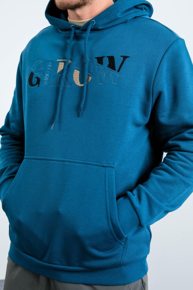 Grow Zümrüt Yazı Nakışlı Kapüşonlu Rahat Form Erkek Sweatshirt - 88040