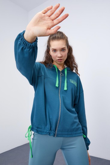 Zümrüt Kapüşonlu Renkli Bağcıklı Fermuarlı Kadın Oversize Sweatshirt - 97176 