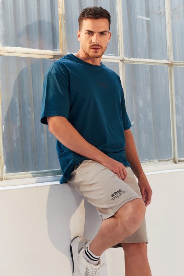 Zümrüt Küçük Yazı Baskılı O Yaka Erkek Oversize T-Shirt - 87985 