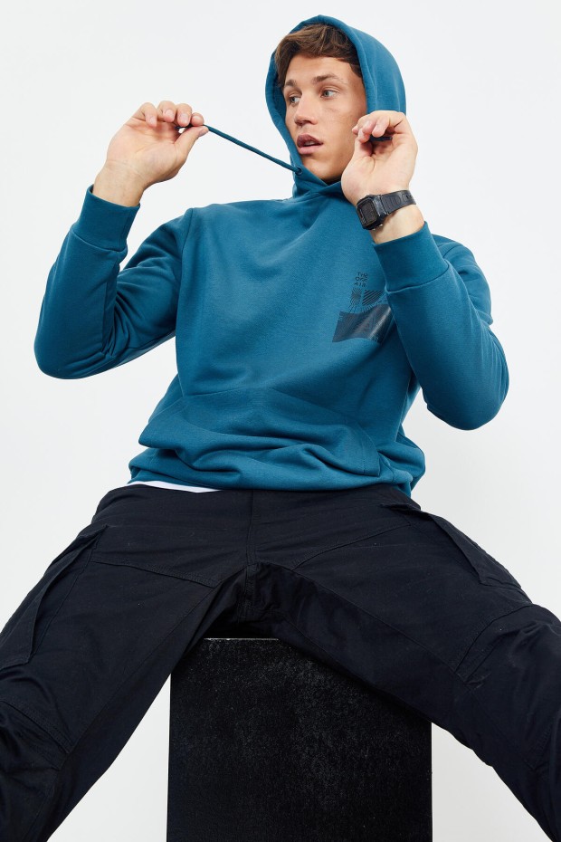 Zümrüt Ön ve Sırt Baskılı Kapüşonlu Rahat Form Erkek Sweatshirt - 88017