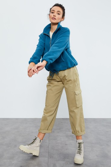 Zümrüt Yarım Fermuar Etek Ucu Büzgülü Kadın Polar Oversize Sweatshirt - 97171 - TOMMYLIFE (1)