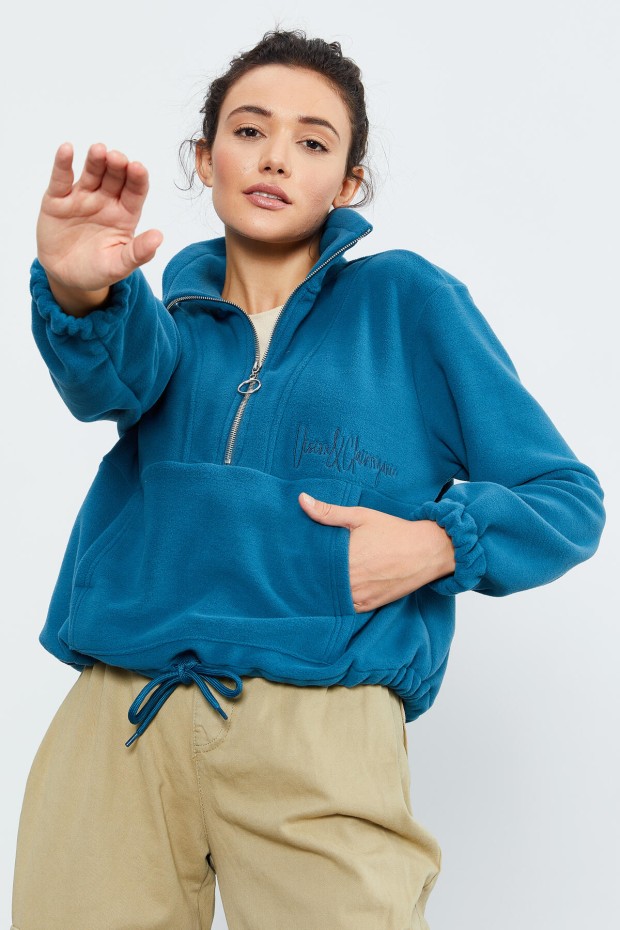 Zümrüt Yarım Fermuar Etek Ucu Büzgülü Kadın Polar Oversize Sweatshirt - 97171 - 3