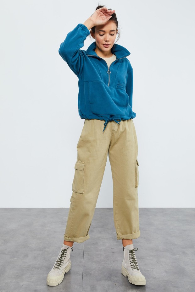 Zümrüt Yarım Fermuar Etek Ucu Büzgülü Kadın Polar Oversize Sweatshirt - 97171 - 4