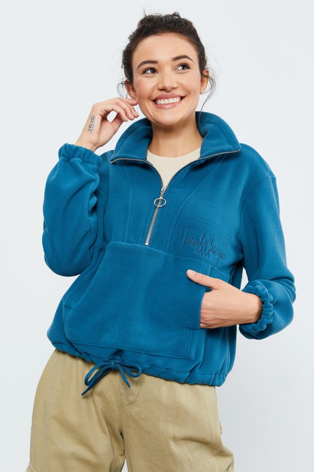 Zümrüt Yarım Fermuar Etek Ucu Büzgülü Kadın Polar Oversize Sweatshirt - 97171 - 5