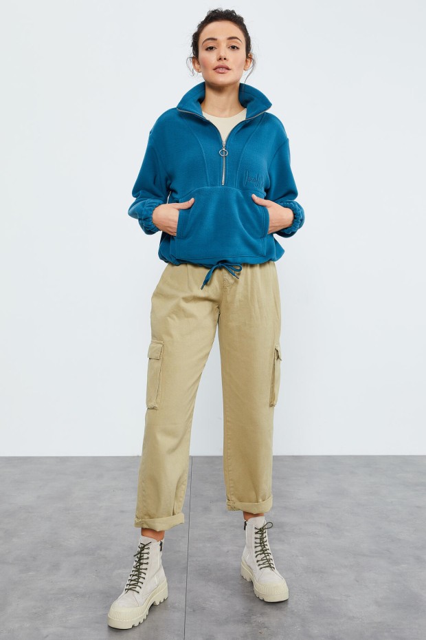 Zümrüt Yarım Fermuar Etek Ucu Büzgülü Kadın Polar Oversize Sweatshirt - 97171 - 6