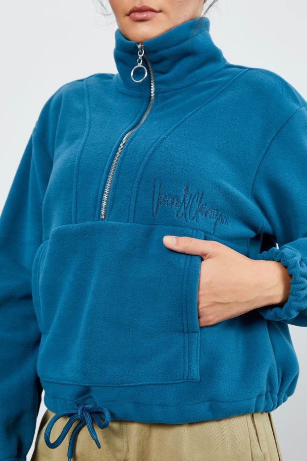 Zümrüt Yarım Fermuar Etek Ucu Büzgülü Kadın Polar Oversize Sweatshirt - 97171 - 8
