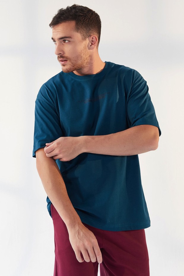 Zümrüt Yazı Baskılı O Yaka Erkek Oversize T-Shirt - 87984