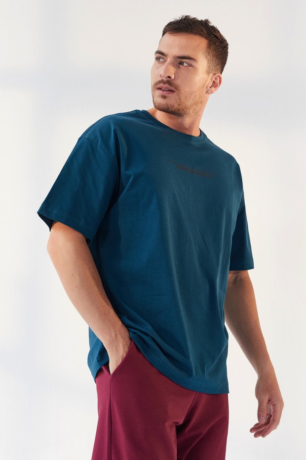 Zümrüt Yazı Baskılı O Yaka Erkek Oversize T-Shirt - 87984